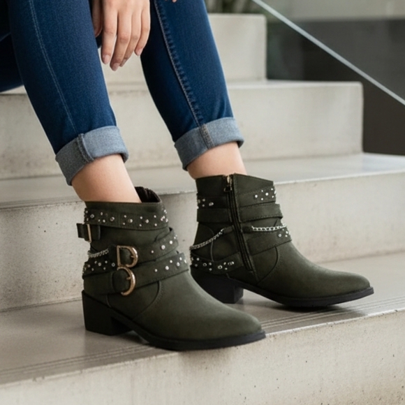 Studded Buckle Ankle Boots Vegan Leather Strappy Urban Moto Block Heel Shoes